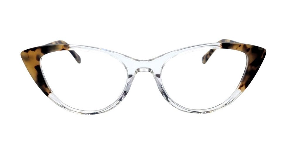 Women's full rim plastic oval cat-eye eyeglass frame in color crystal/brown by Tribeca Eyewear.