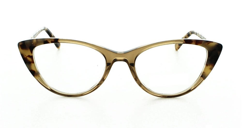 Women's full rim plastic oval cat-eye eyeglass frame in color brown/brown by Tribeca Eyewear.