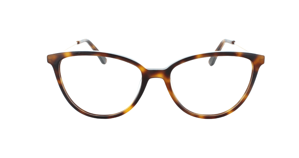 Women's full rim plastic modified oval eyeglass frame in color demi tort/gold by Tribeca Eyewear.