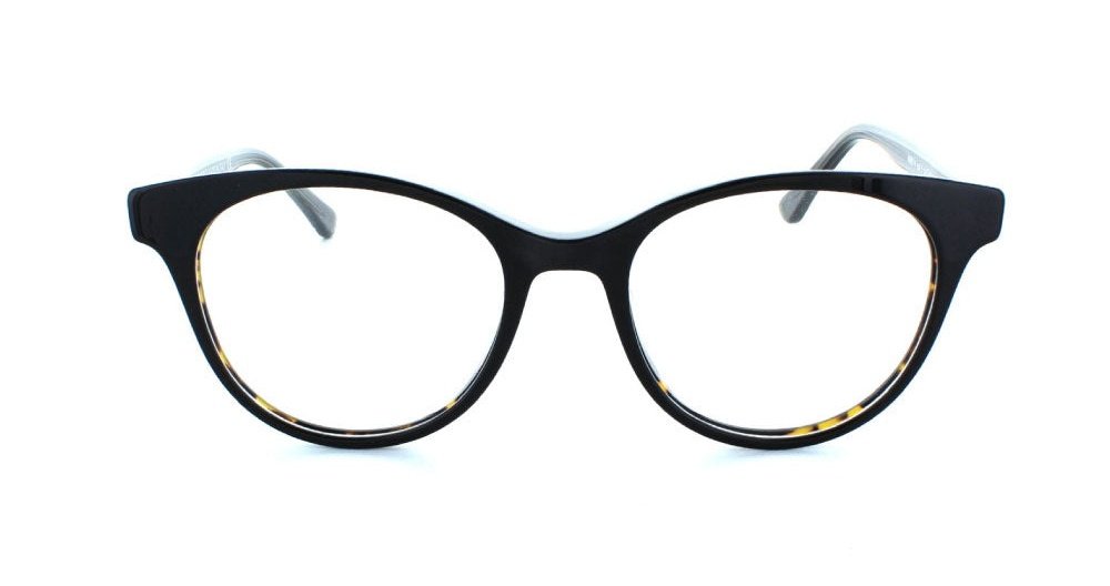 Women's full rim plastic rounded cat-eye eyeglass frame in color tortoise/grey by Tribeca Eyewear.