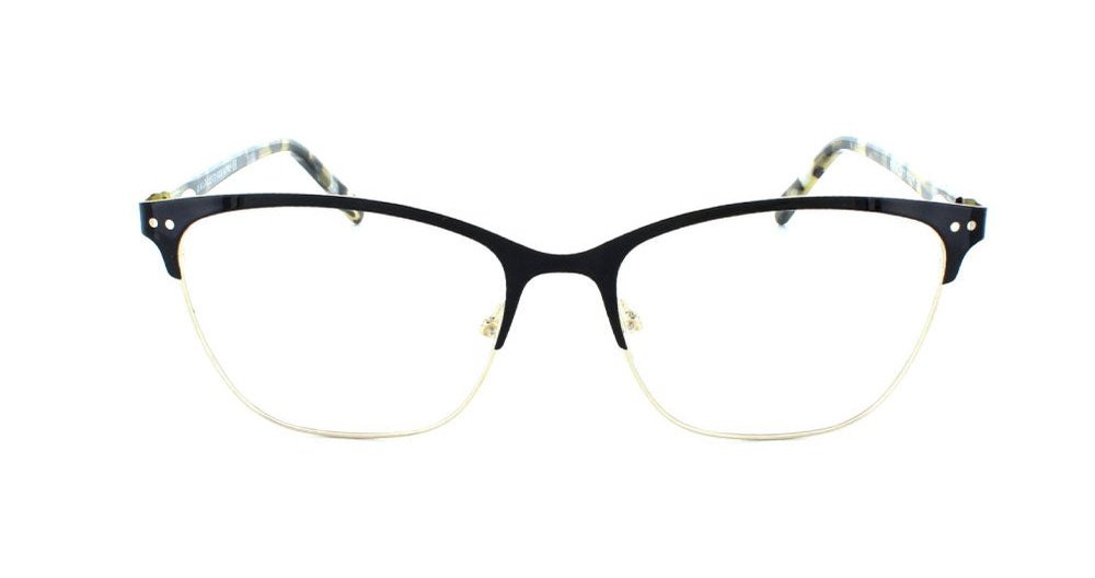 Women's full rim metal rounded cat-eye eyeglass frame in color black/gold by Tribeca Eyewear.