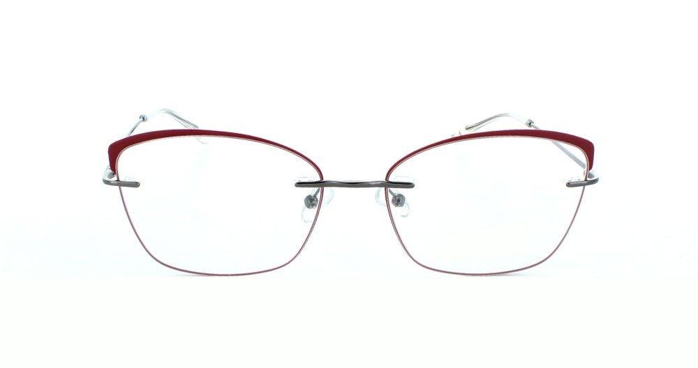 Women's fully rimless metal rectangular eyeglass frame in color shiny gun by Tribeca Eyewear