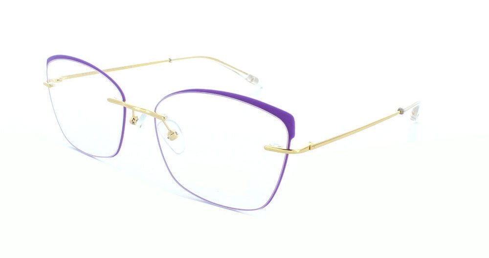 Women's fully rimless metal rectangular eyeglass frame. Color shiny gold by Tribeca Eyewear