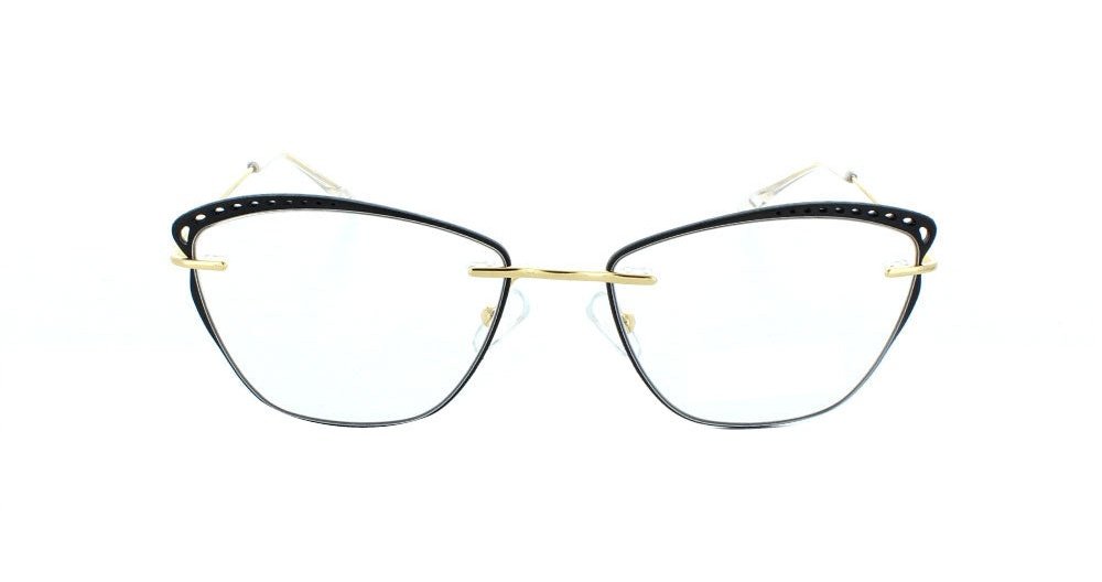 Women's fully rimless metal rectangular eyeglass frame. Color shiny gold by Tribeca Eyewear