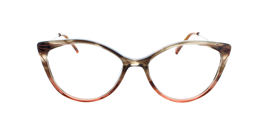 Women's full rim plastic cat-eye eyeglass frame in color demi orange/pink by Tribeca Eyewear.