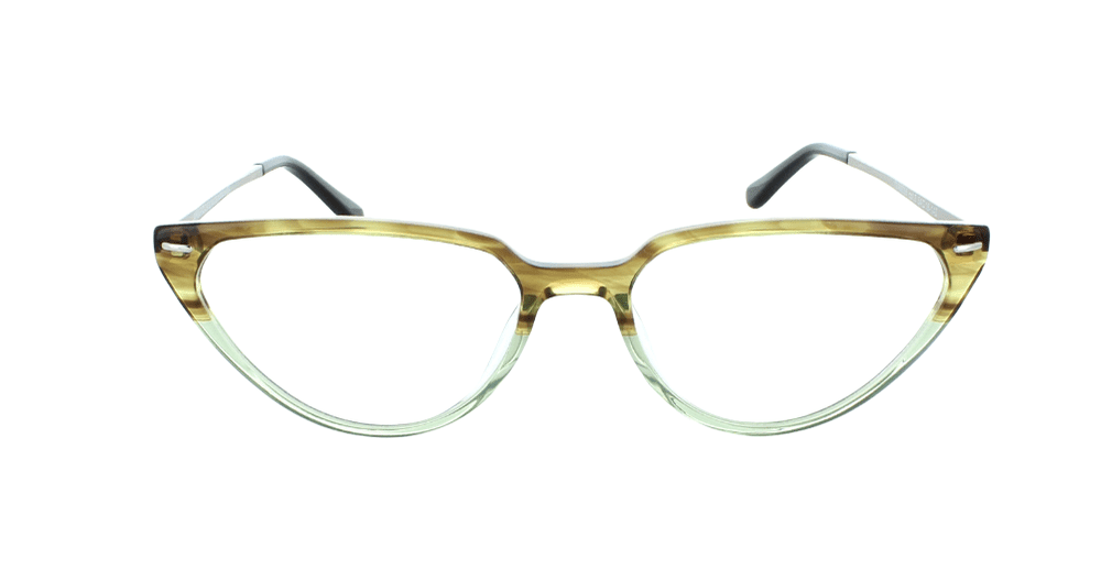 Women's full rim plastic cat-eye eyeglass frame in color green/silver by Tribeca Eyewear