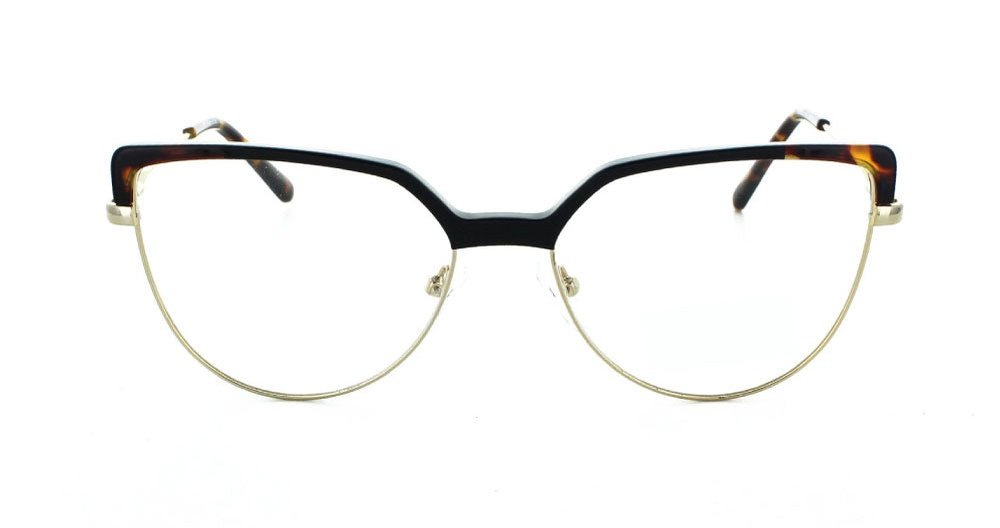 Women's full rim metal flat-top oval eyeglass frame in color black tort/gold by Tribeca Eyewear.