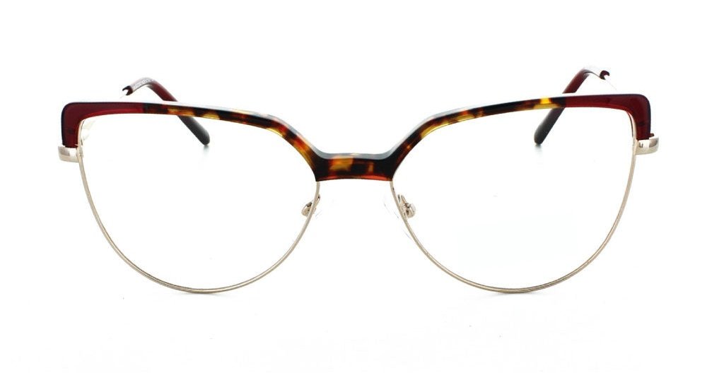 Women's full rim metal flat-top oval eyeglass frame in color red tort/rose gold by Tribeca Eyewear.