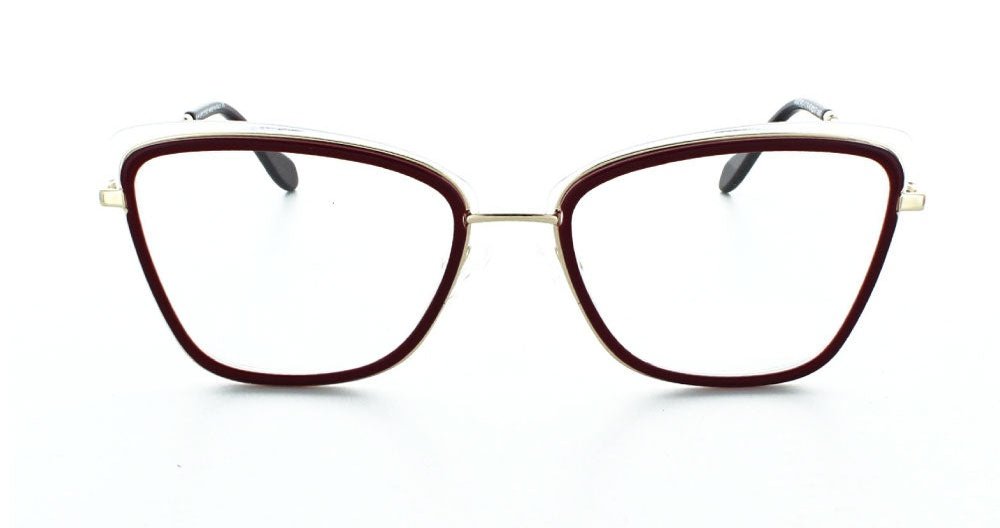 Women's full rim metal/plastic squared cat-eye eyeglass frame. Color burg/gold by Tribeca Eyewear.