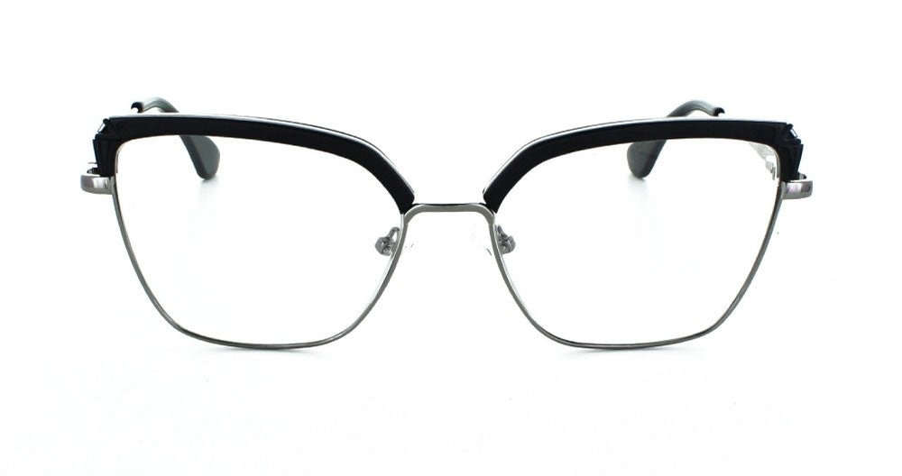 Women's full rim metal/plastic squared cat-eye eyeglass frame. Color black/gun by Tribeca Eyewear.