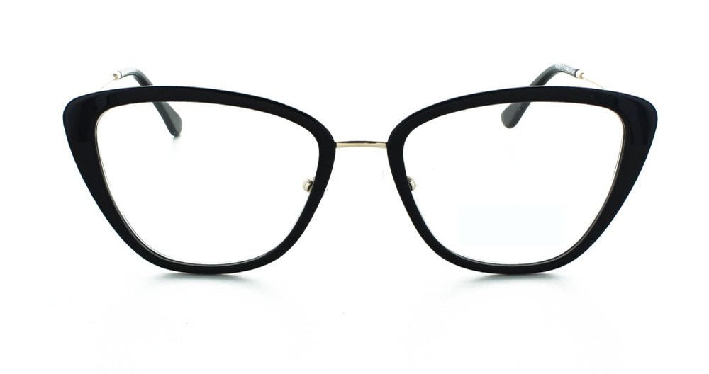 Women's full rim metal/plastic squared eyeglass frame in color black/gold by Tribeca Eyewear.