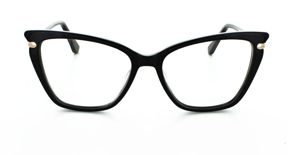 Women's full rim plastic squared cat-eye eyeglass frame in color black/rose by Tribeca Eyewear.