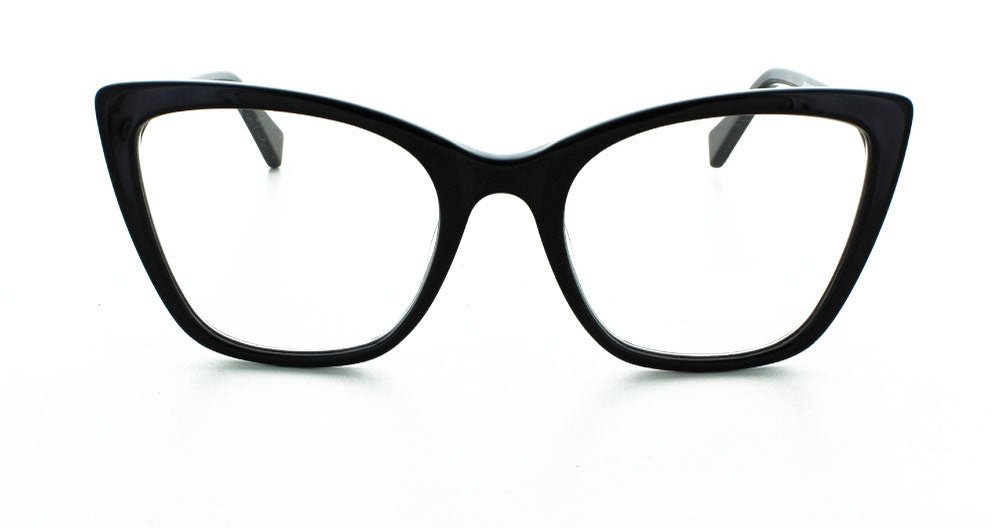 Women's full rim plastic squared cat-eye eyeglass frame in color black/silver by Tribeca Eyewear.